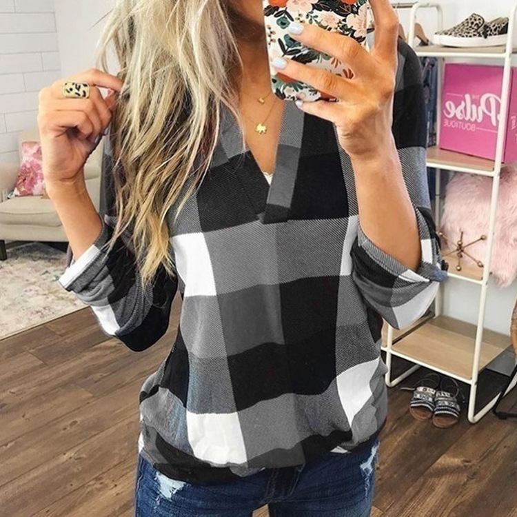 Frau Bluse Lange Ärmel Blusen Drucken Patchwork Lässig Plaid display picture 4