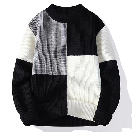 Contrast-color men's sweater—men's winter trendy brand base-layer knitted sweater, fashionable loose-fitting, laid-back sweater for winter warmth.