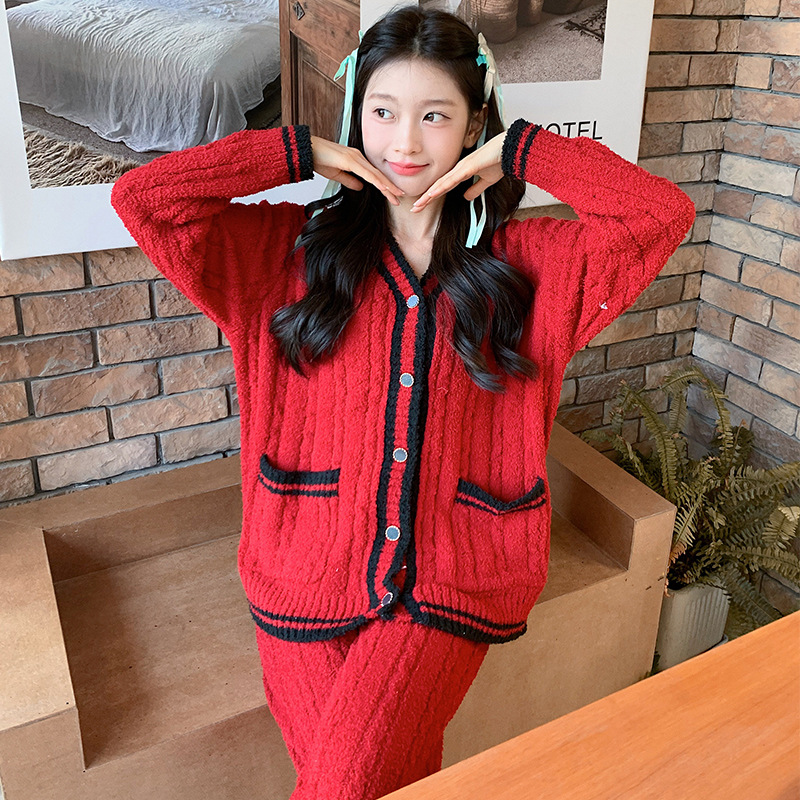 트위스트 로프 스타일 카디건 파자마 여성용 가을과 겨울 부드러운 편안한 기모 두꺼운 따뜻한 외형 홈 의류