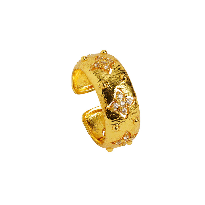 Anillo de oro antiguo vietnamita de diamantes retro puntos de cuatro hojas flor anillo de seda de dibujo de joyas de alta moda