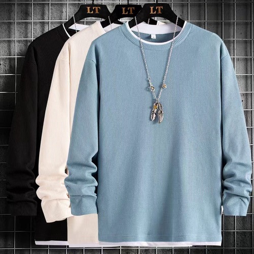 Men's Round Neck Loose Crew Neck Sweatshirt with Fleece, Honeycomb Pattern, Korean Style Casual Long Sleeve T-Shirt Top