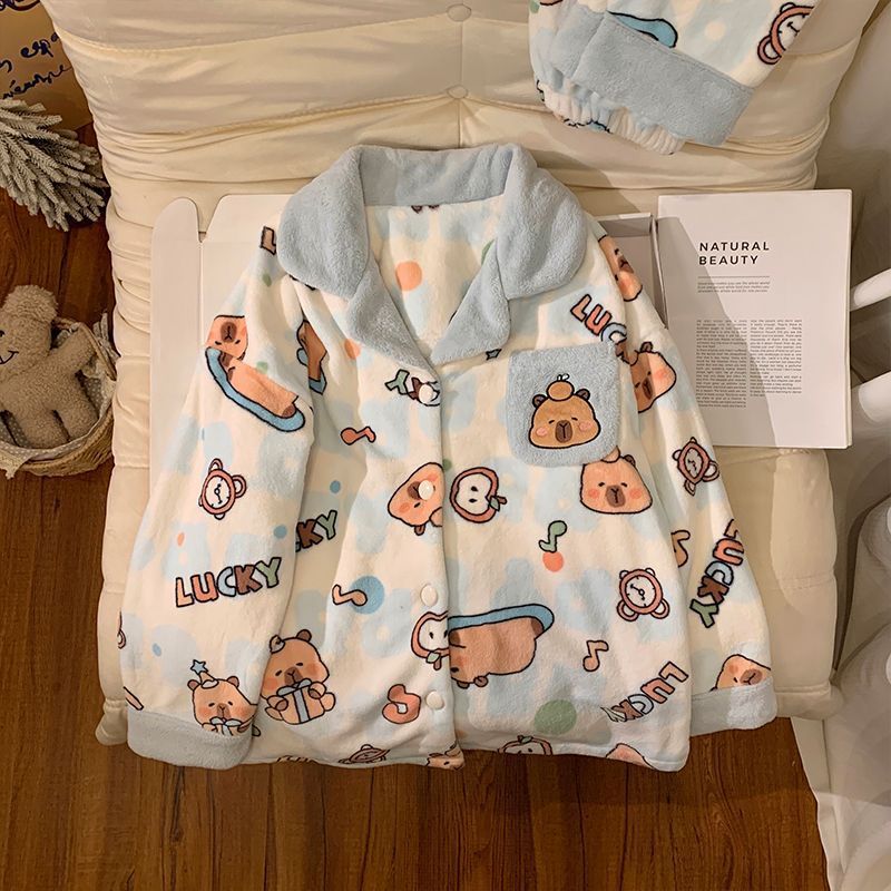 Al por mayor transfronterizo otoño y invierno nuevo engrosado pijama de franela cardigan con solapa casual lindo ropa de hogar se puede usar fuera