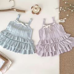 Cutemily夏女童鏤空針織吊帶套裝莫代爾荷葉短裙兩穿背心套裝