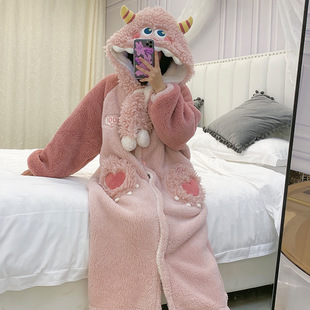 Coral Velvet Couple Winter Pajamas 2025 New Long Fleece-Lined Thickeneded Cartoon Little Monster Pajamas Home Wear Set