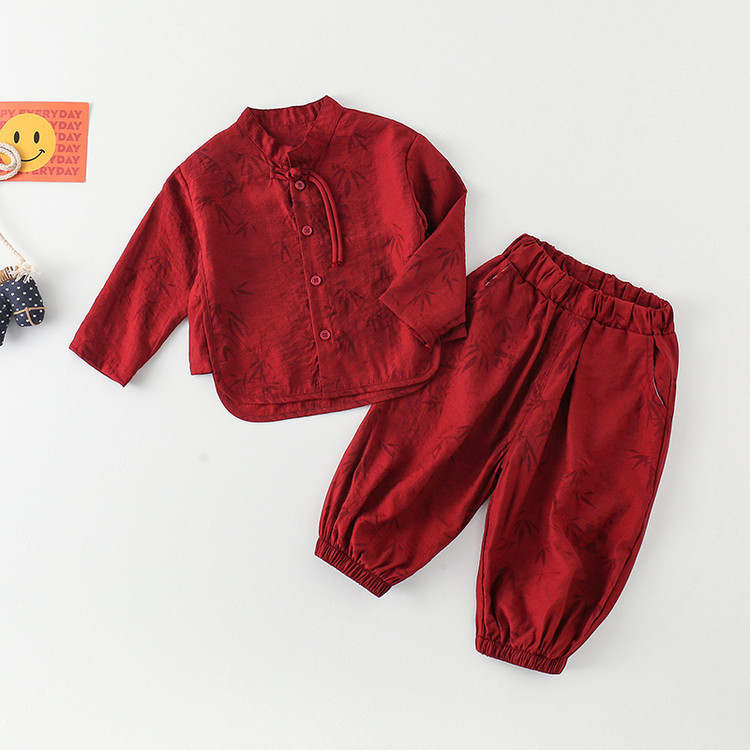 春秋夏季薄款男童中式套装衣服男宝宝红色喜庆抓周服中国风两件套|undefined