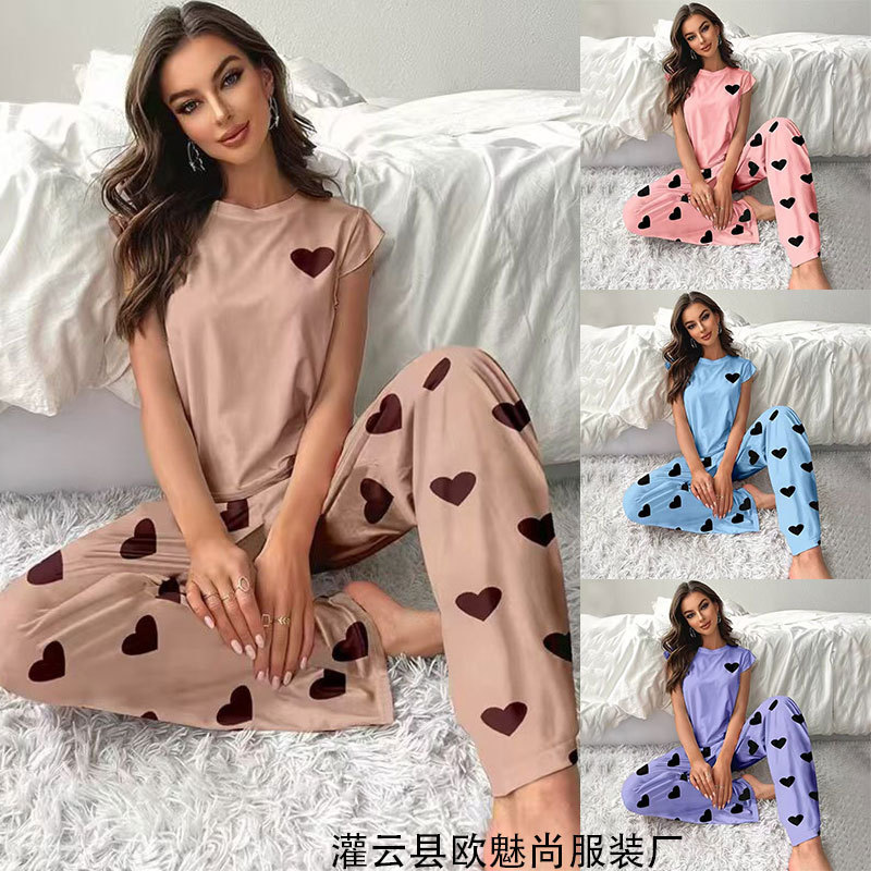 European and American Amazon Best-Selling Women's Summer Pajamas, Loose Short-Sleeve Heart Print Flutter Sleeve Full-Print Long Pants Set for Home Wear European and American Amazon Best-Selling Women's Summer Pajamas, Loose Short-Sleeve Heart Print Flutter Sleeve Full-Print Long Pants Set for Home Wear