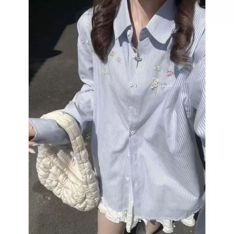 韩版可爱刺绣条纹衬衫女叠穿遮肉宽松百搭衬衣外搭防晒开衫ins潮|undefined