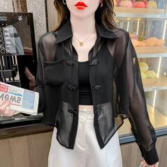 中国風の短いブラウスのストラップのスカートの外で女性の新しい中国式のマントの日焼け止めのシフォンのカーディガンの薄い紗の上着の夏