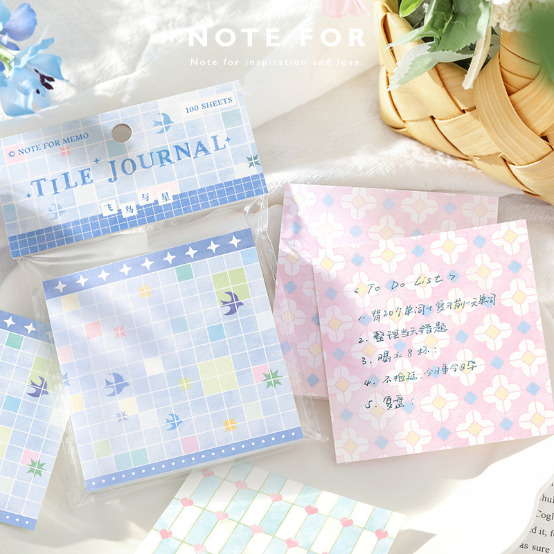 Note for 100 Sticky Notes Tile-Patterned Diary Series Light Retro Illustration Office Message Note Writing Paper