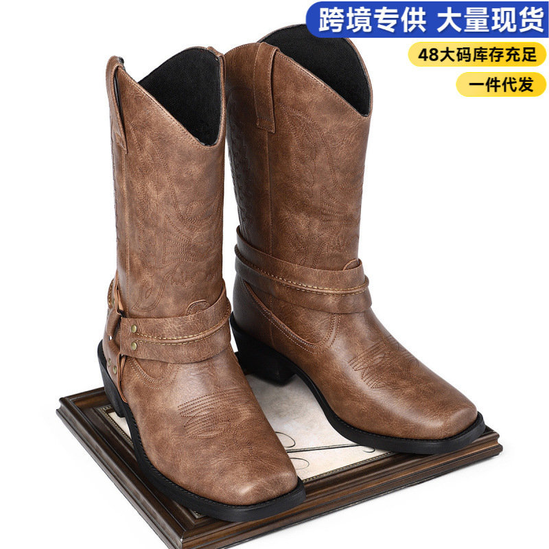 Cross-Border Amazon Men's Casual Versatile High-Heeled Leather Boots Large Size Trendy Simple Retro Style Mid-Calf Knight Boots