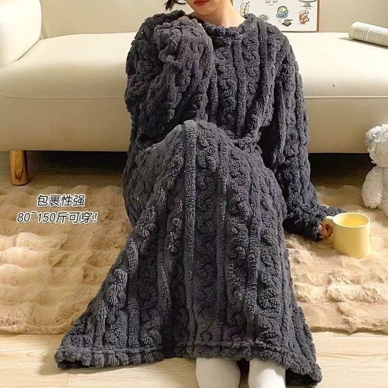 珊瑚绒睡裙女秋冬款大码提花舒棉绒睡衣保暖家居服中长款浴袍裙子|undefined
