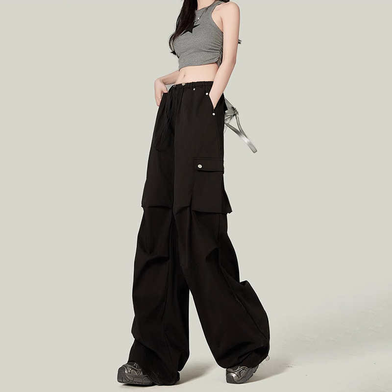American Style Design Sense Wide-leg Pants Women's 2025 New High Waist Wide-leg Pants Loose Casual Pants Drawstring Long Pants