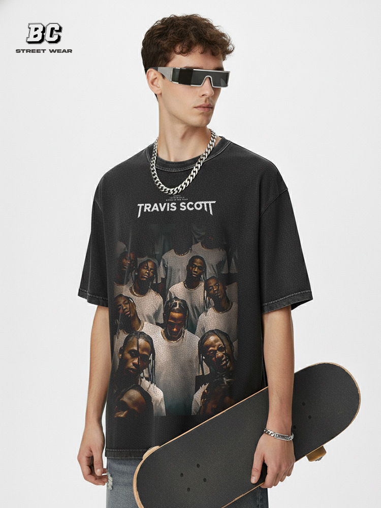 Bc Europa y América calle hip hop Travis Scott rap personaje impreso lavado apenado suelta manga corta Camiseta de los hombres