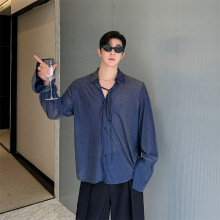 秋装新款吸睛重工闪钻宽松轻薄绑带长袖衬衫亮闪闪潮男595