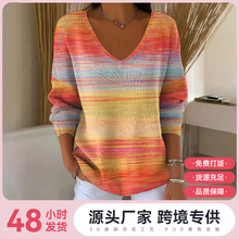 2025外贸跨境独立站新款落肩V领长袖套头3D数码印花女式上衣T恤