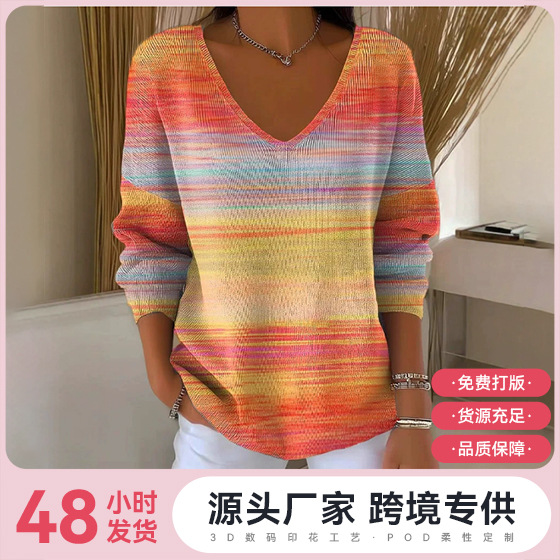 2025外贸跨境独立站新款落肩V领长袖套头3D数码印花女式上衣T恤