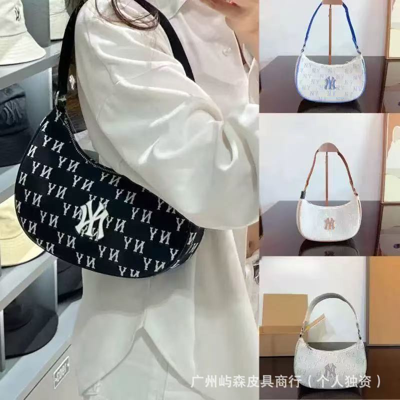 Korean Mlb New Model Unisex Casual Full-Print Retro Monogram Leather Label Underarm Bag Ny Versatile Handbag Shoulder Bag for Women