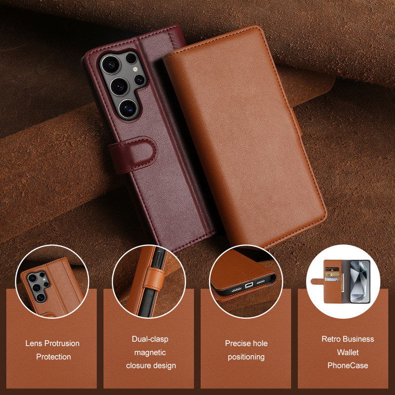 Suitable for Samsung S24/S23/S22 Genuine Leather Flip Cover Case, Wallet-Style Card Holder, Anti-Fall Phone Case