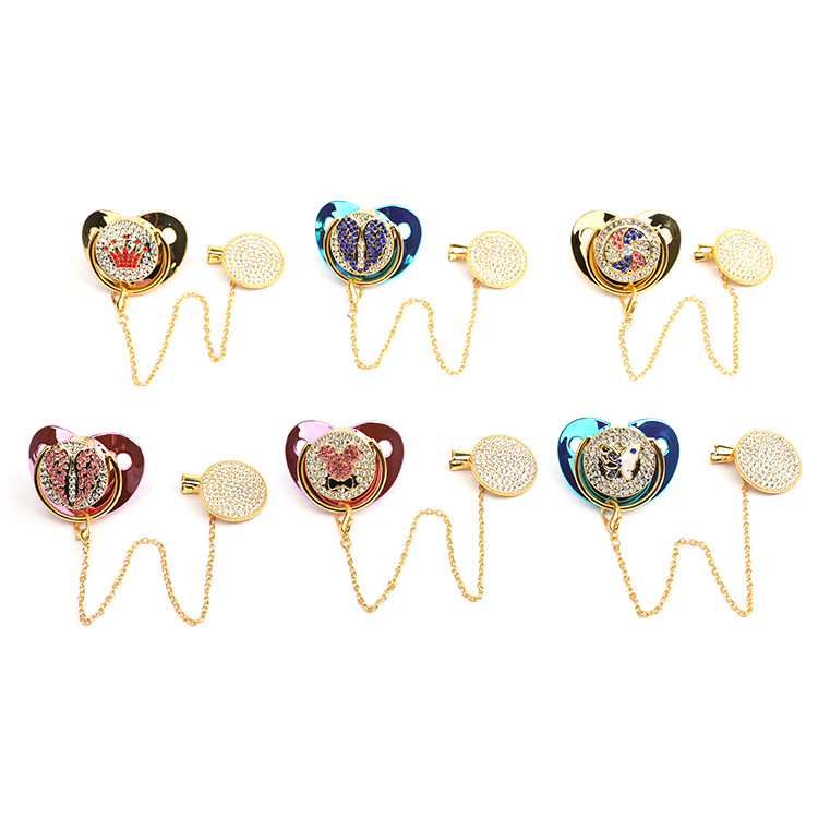 Cross-Border Hot Selling Full Diamond Baby Pacifier Baby Dot Diamond Soothing Play Mouth with Anti-Drop Chain