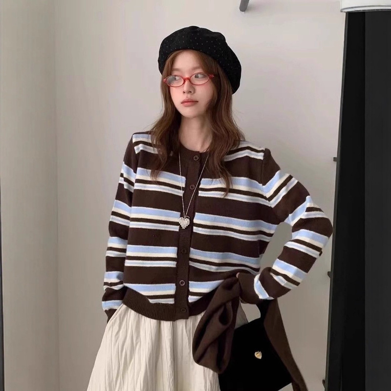 Korean Retro Color Contrast Stripesd Casual Style Sweater Cardigan Feminine Versatile Slim Round Neck Jacket Top