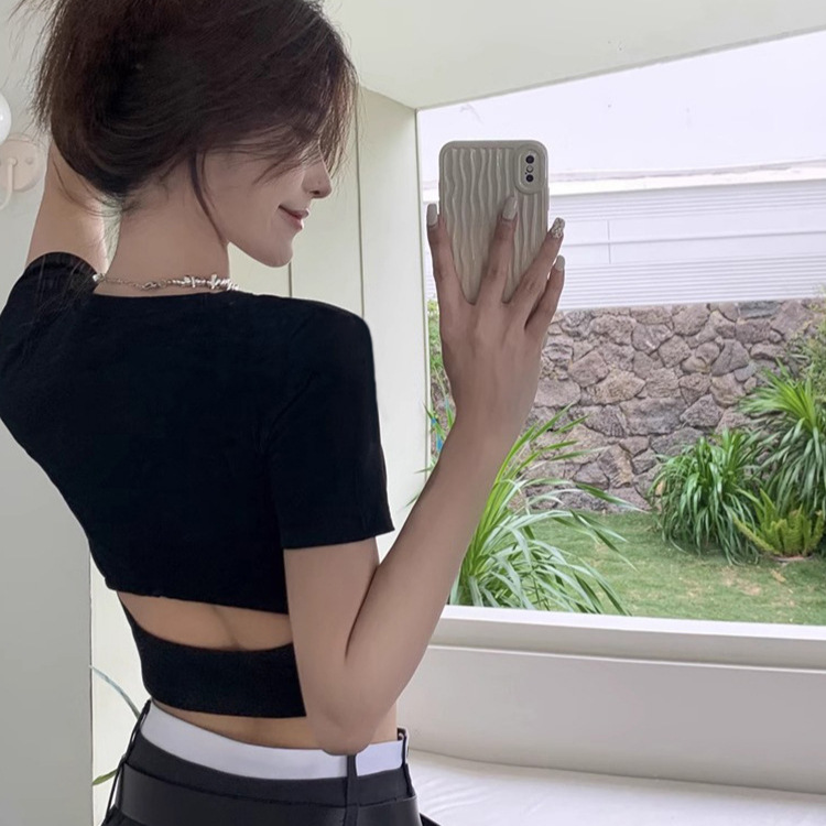 High-waisted short sleeve crop top with back cut-out, women's tight French-style solid color base layer summer new top Instagram style