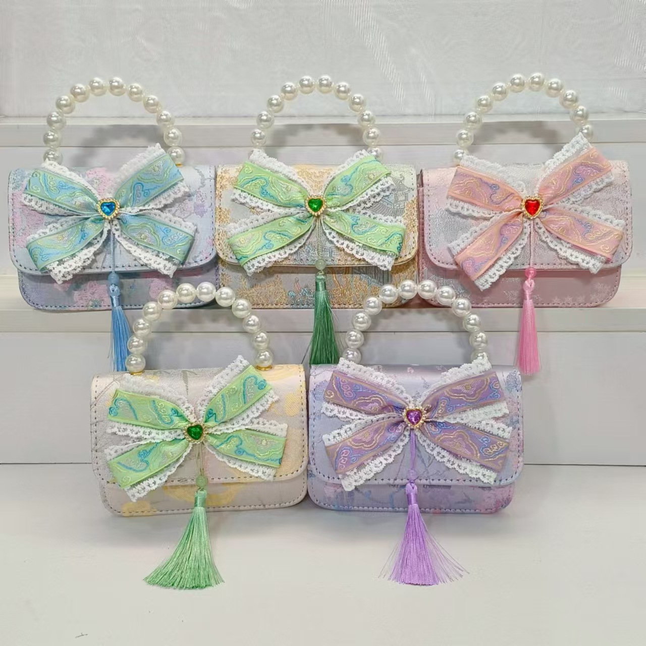 Guofeng arco princesa bolso de perla bolso de hombro bolso de cambio bolso pequeño bolso cuadrado bolso accesorios de ropa de niñas