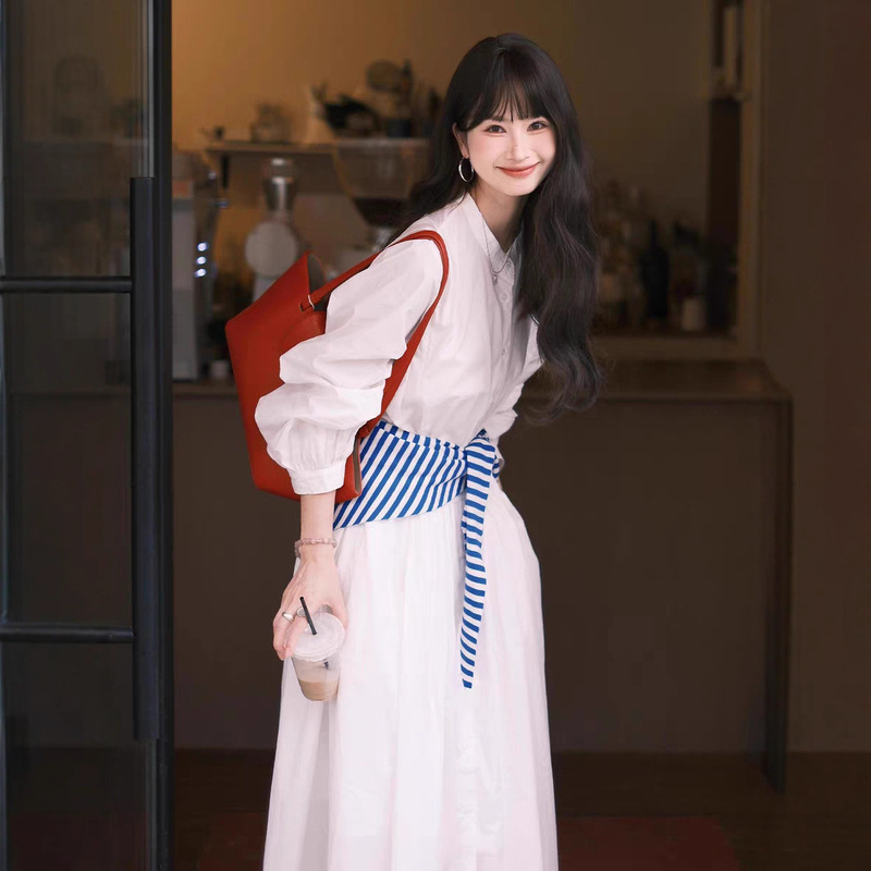 法式白色长袖衬衫连衣裙子女2025新款早秋气质高级感宽松显瘦长裙|undefined