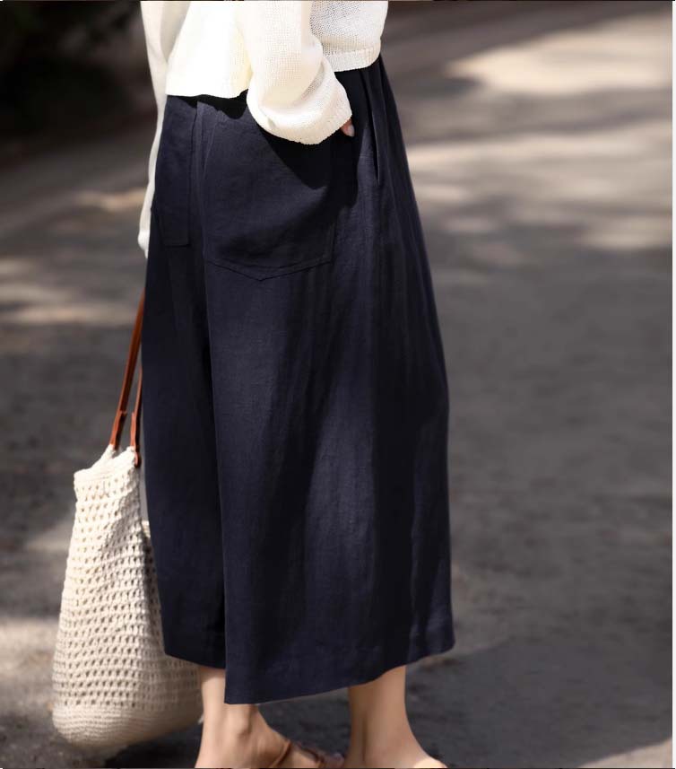 Quần culottes ống rộng vải lanh mỏng mát mùa hè nữ — Trắng sứ trơn, Xanh ngọc bích chi tiết 4