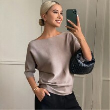 2026新款欧美跨境纯色针织女上衣一字领宽松百搭时尚毛衣7分袖