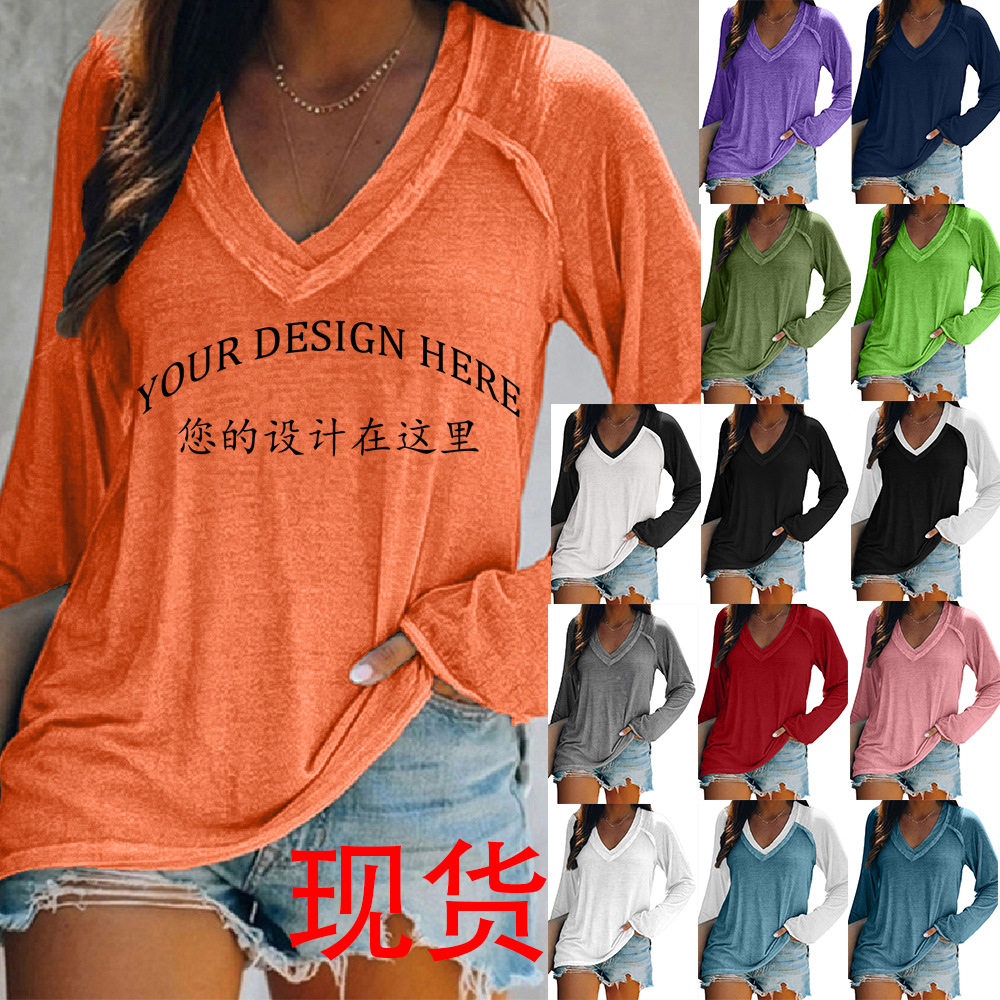 跨境休闲上衣植物花卉印花针织长袖女装上衣 亚马逊1件制作印花女