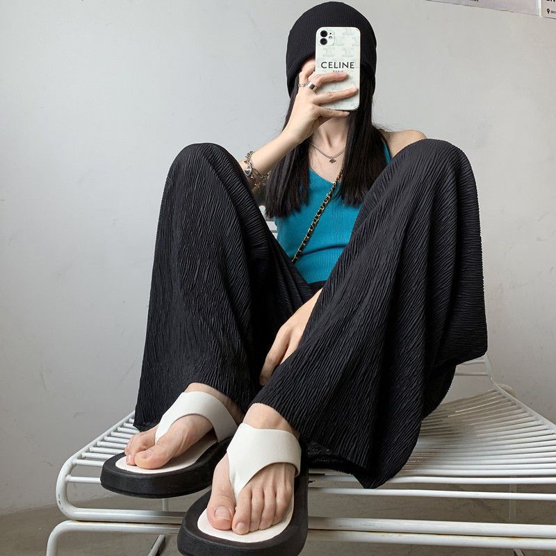 트렌디 한 높은 허리 주름 얼음 실크 넓은 다리 바지 여름 얇은 드레이핑 선 스크린 및 안티 모기 쉬폰 느슨한 슬리밍 JIANG WU