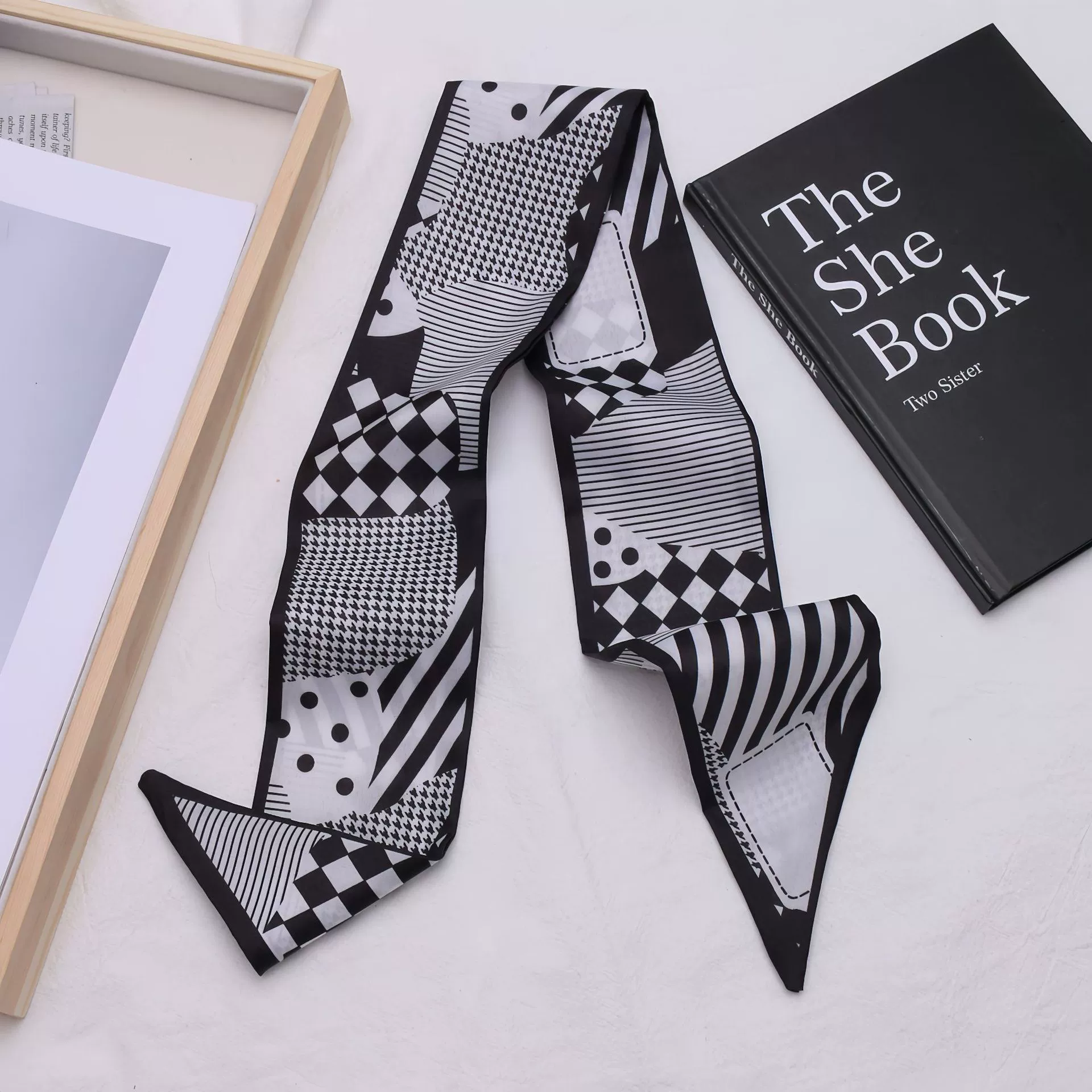 New black and white silk scarf headband long silk scarf accessories satin headdress streamers striped mesh butterfly hair accessories