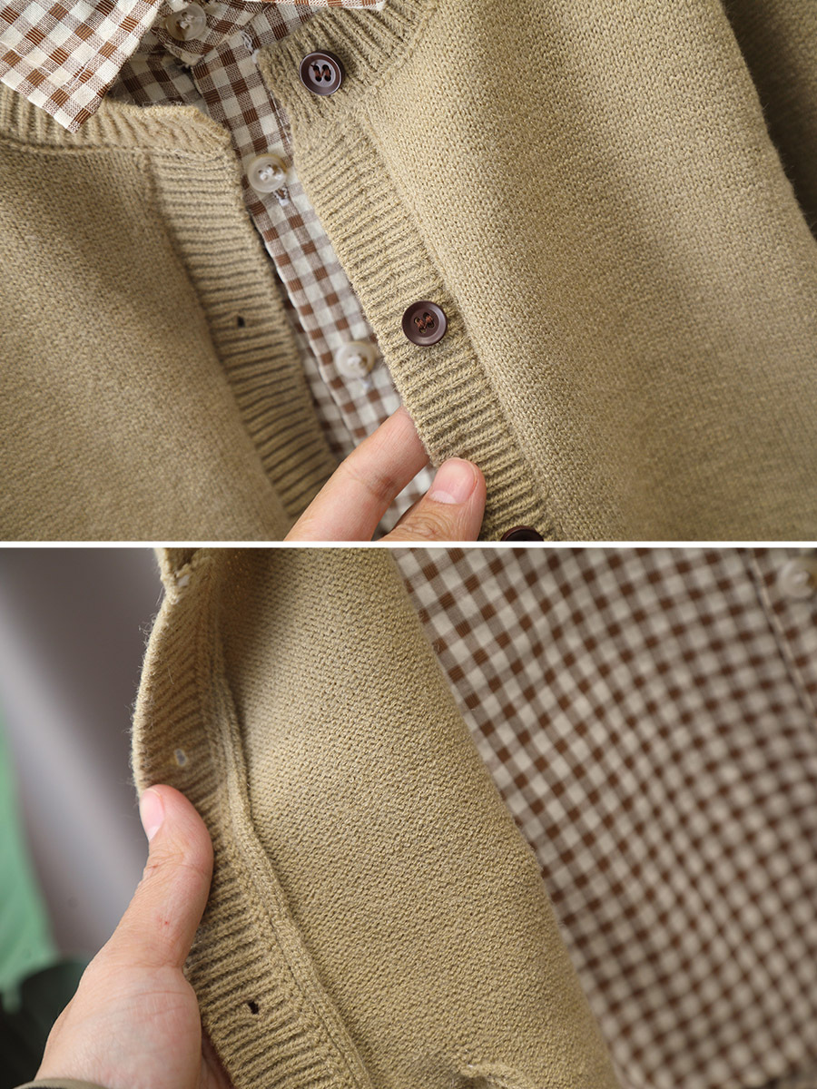 5859 Traje de primavera y otoño para niños 2024 Camisa a cuadros de rebeca para niños de tres piezas Ropa de otoño para niños