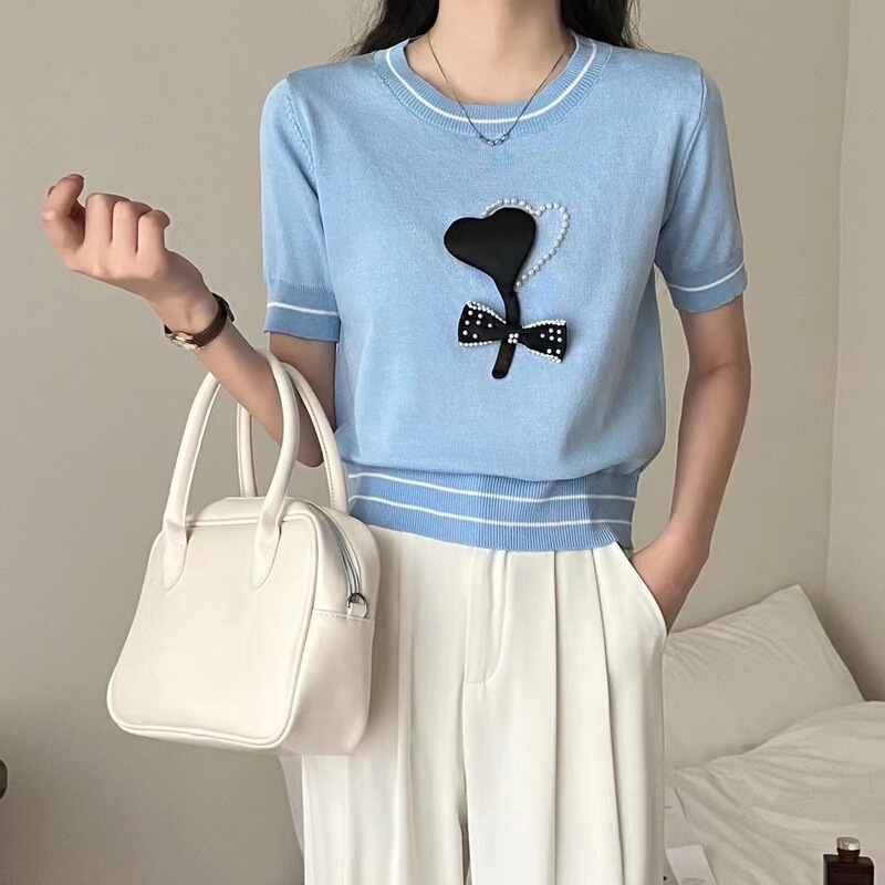 泫雅圆领立体爱心钉珠短袖针织衫女跨境风夏季新款修身显瘦短款衫|undefined
