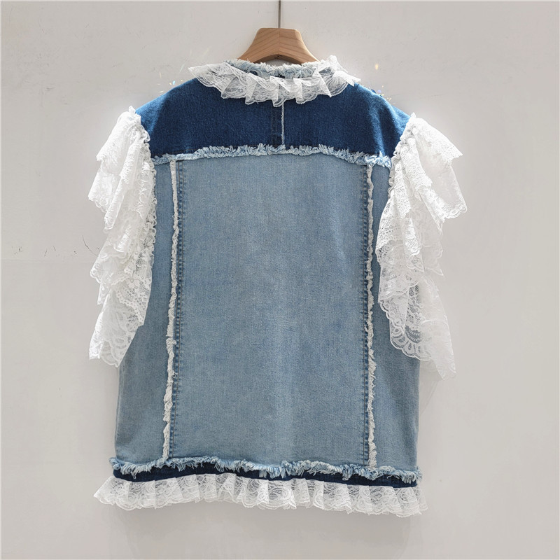 Diseño pesado diamante de cuello V chaleco denim de verano nuevo encaje suelto chaqueta sin mangas de lótus