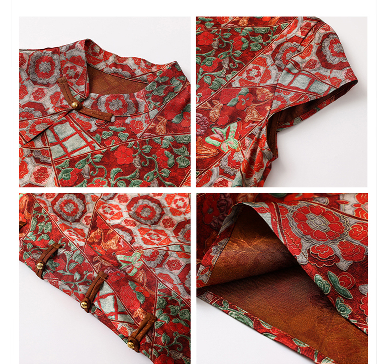Đầm suông midi chữ A vải rayon thêu hoa cách tân cổ điển Trung Quốc — Màu đỏ san hô, Màu caramel chi tiết 34
