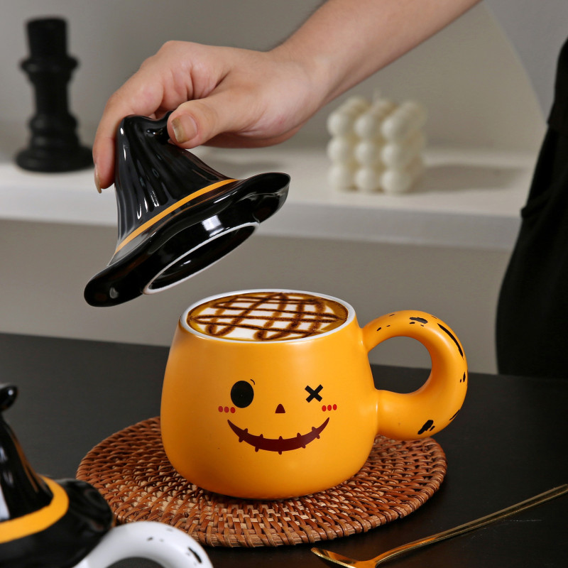 ハロウィーンクリエイティブセラミックカップ造形マグカップ蓋付き幽霊カップコーヒーカップ学生朝食ミルクカップ|undefined