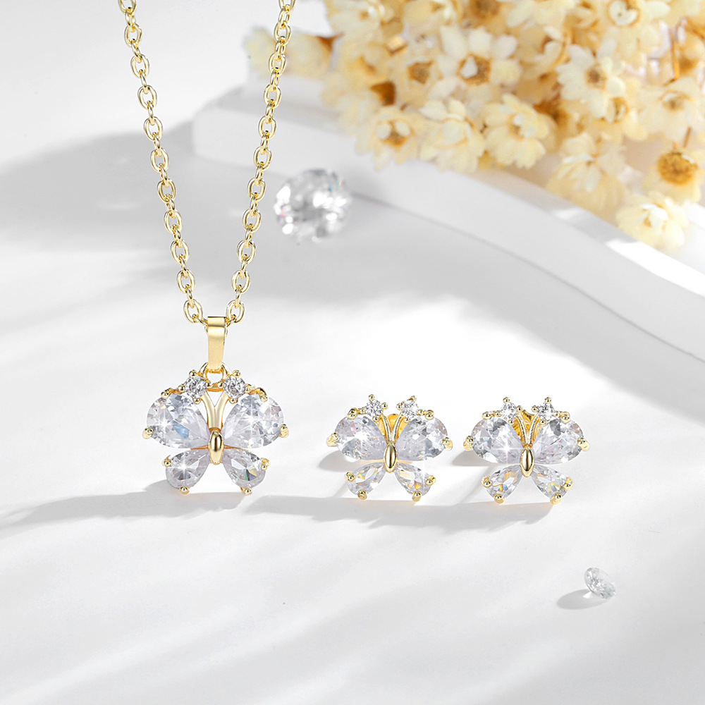 Joyas transfronterizas conjuntos de mariposa zircon pendientes colgante cobre 14K oro en forma de O collar pendientes accesorios al por mayor
