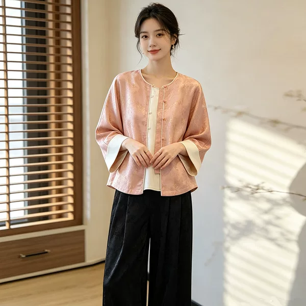 2026 Autumn New Chinese Style Round Neck Jacquard Mid-Sleeve Buttoned Classic Jacket, Camisole, and Wide-Leg Pants Women's Three-Piece Set