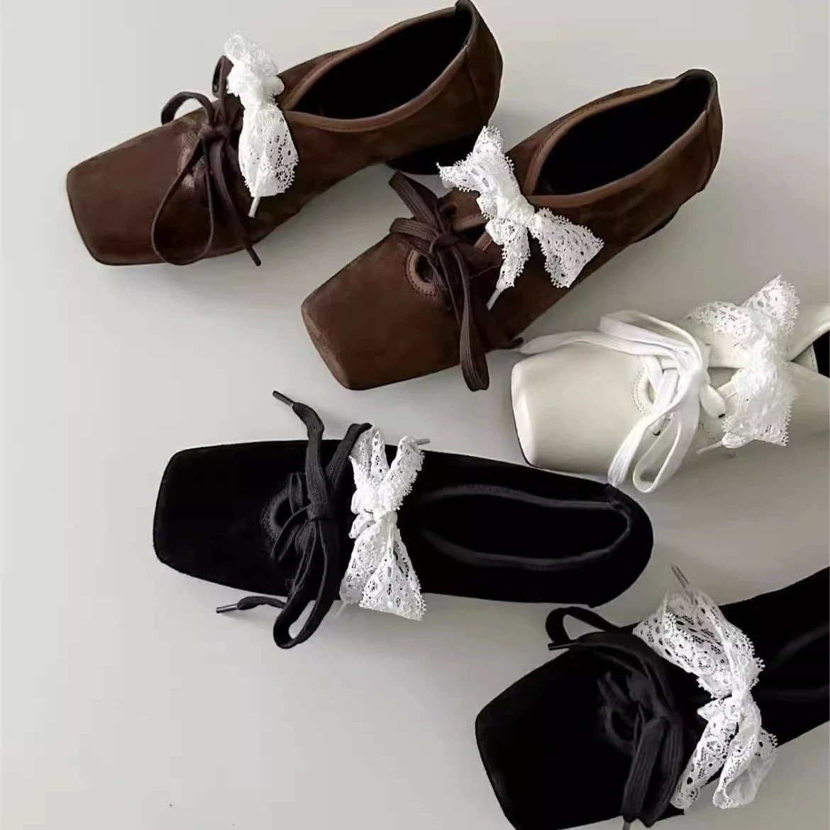 Коровья кожа версия ~ Литературный ветер кружевной бант мелкий балетный туфли женские квадратные туфли с толстыми каблуками Мэри Джейн
