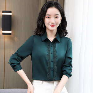 纯色衬衫女长袖2021春秋新款气质缎面桑蚕丝洋气蕾丝拼接打底上衣