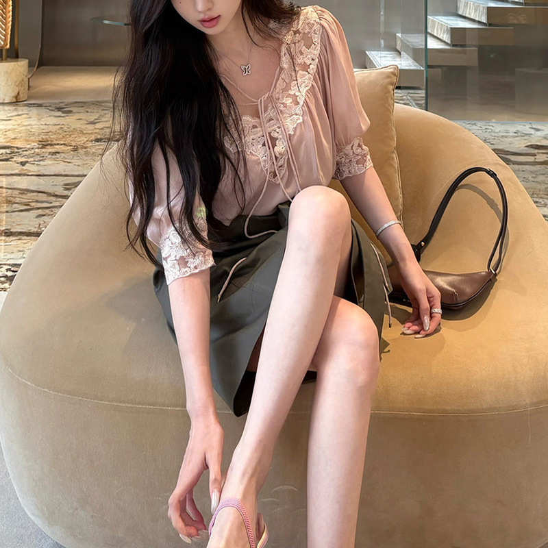 Lace Collar Puff Sleeve Shirt + Satin Skirt + Lace Ruffle Dress
