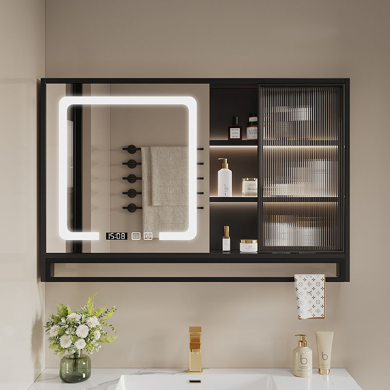 Smart Bathroom Mirror Cabinet, Wall-Mounted with Light, Defogging Bathroom Vanity Mirror, Solid Wood with Storage Rack