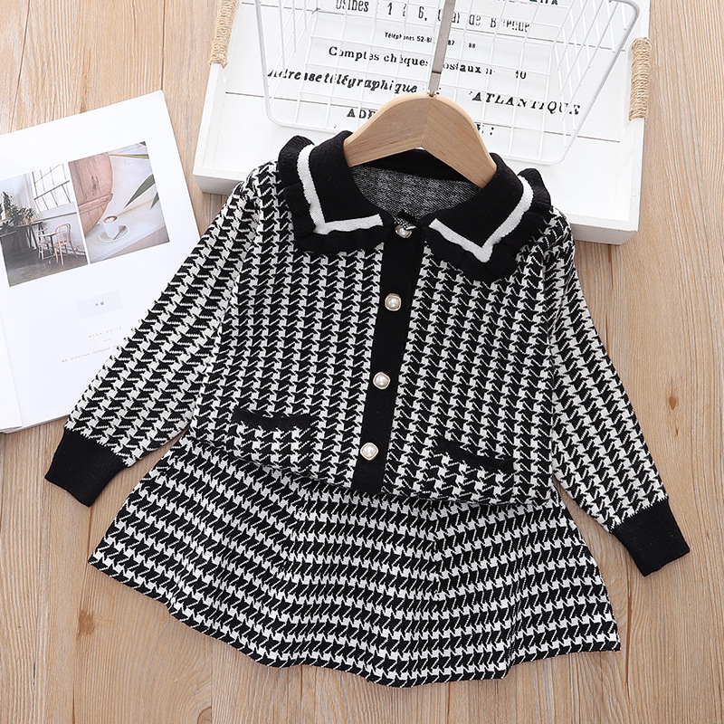 Bambini 23 Ragazze Abiti di lana, gonne, Thousand Bird Checkers, gonne corte lavorate a maglia per ragazze, alla moda due_voghion.com