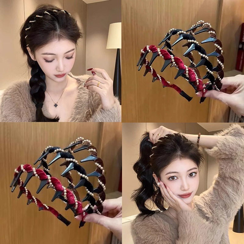 Rojo flojo perla ondulado banda de cabello para mujeres cráneo alto cabeza banda de lavado de cara antideslizante presión de cabello de alta sensación de invierno / otoño adornamiento para el cabello