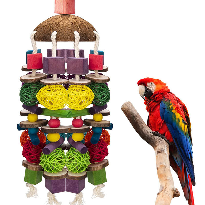 Parrot toys chewing coconut shell takraw balls colorful wooden bird supplies cross-border special bird toys