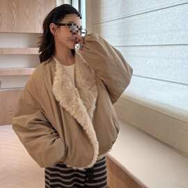 秋冬季双面穿毛毛外套保暖长袖宽松型灯笼袖厚款短外套
