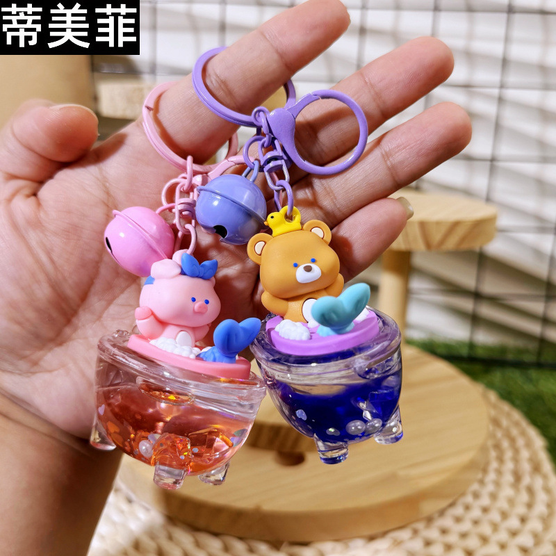 Creative Oil-Filled Mermaid Bathtub Quicksand Bottle Keychain I Love Bathing Bear Keychain Couple Bag Pendant