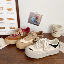 复古帆布小白鞋25春秋季新款学院风拼色厚底板鞋系带休闲鞋女JX