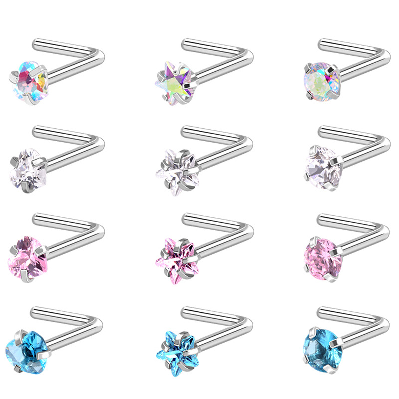 European American Classic Stainless Steel Zircon Nose Nail Star Right Angle Titanium Steel Nose Piercing Jewelry detail image 8